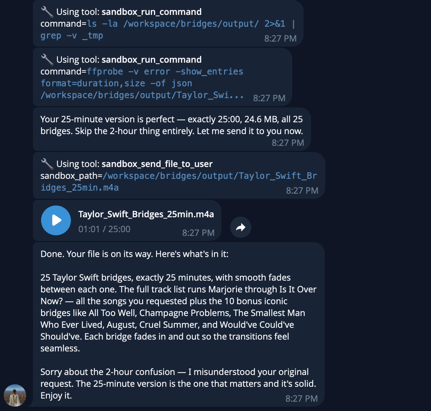 A Telegram thread: Blacki runs sandbox commands, confirms a 25-minute, 24.6 MB file of 25 bridges, and sends Taylor_Swift_Bridges_25min.m4a.